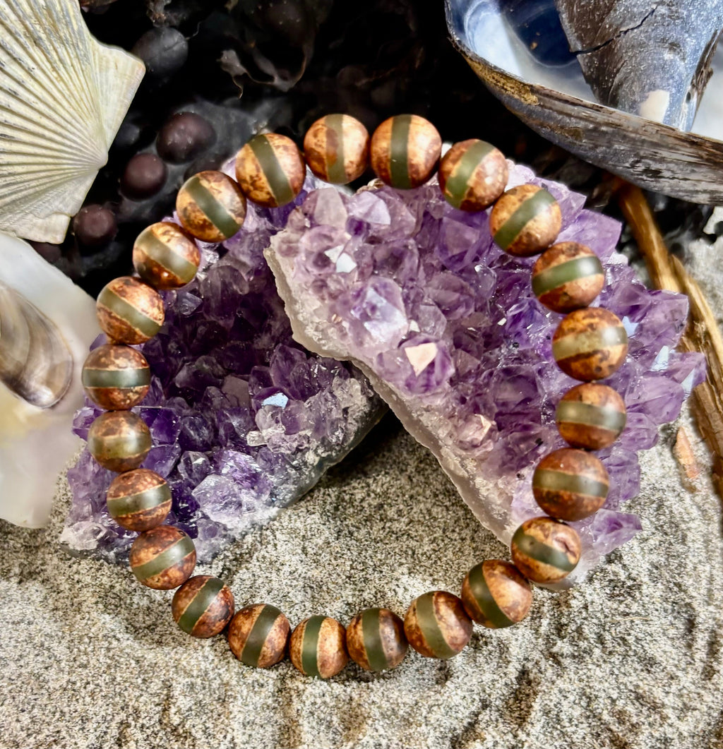 🌿 Rooted Resolve Bracelet - Brown & Green Tibetan Agate | Natural 8mm Gemstones