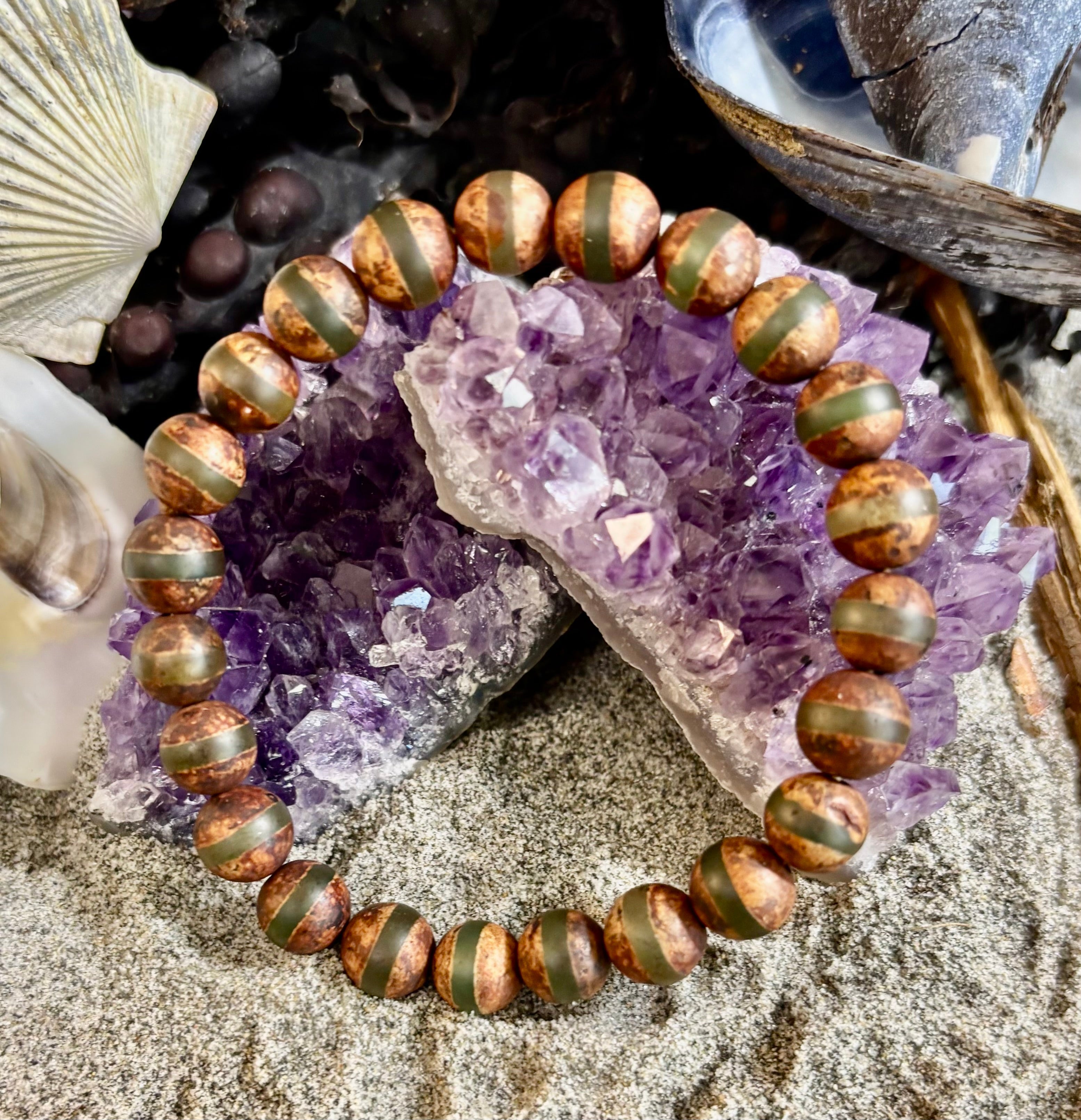🌿 Rooted Resolve Bracelet - Brown & Green Tibetan Agate | Natural 8mm Gemstones