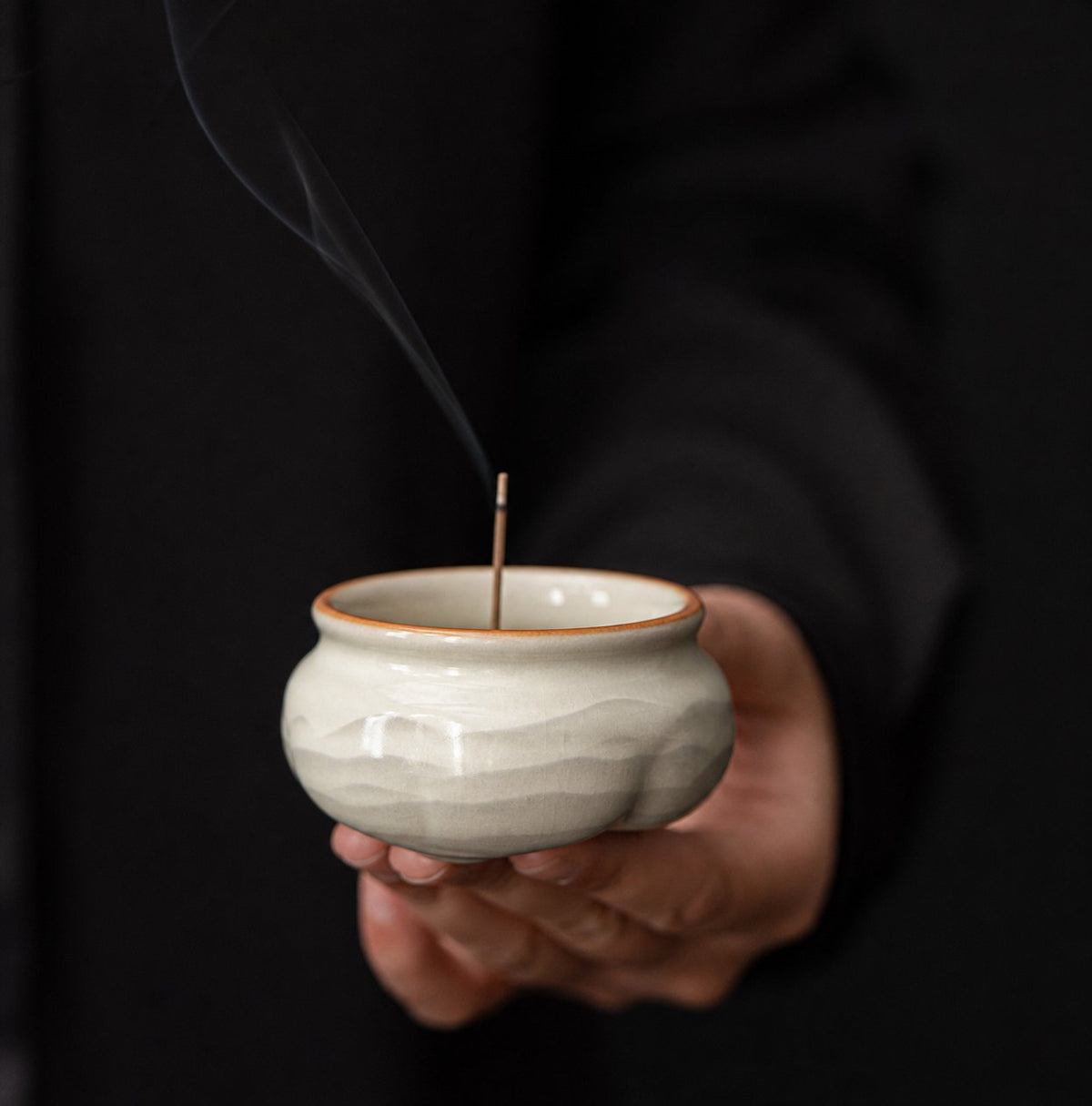 Ru Ware Lotus Incense Burner — Celadon Cream