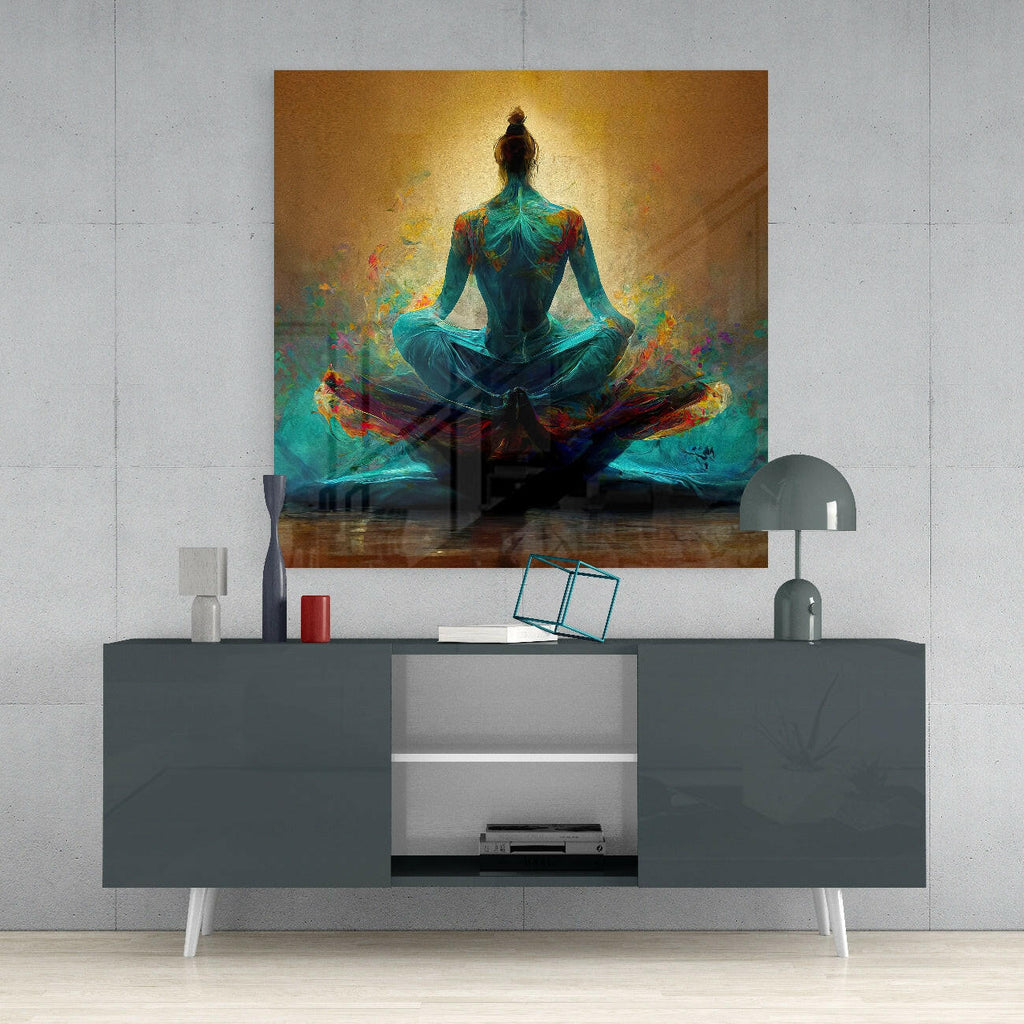 Turquoise Lotus Meditation On Gold Glass Wall Art