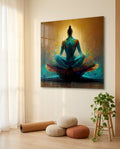 Turquoise Lotus Meditation On Gold Glass Wall Art