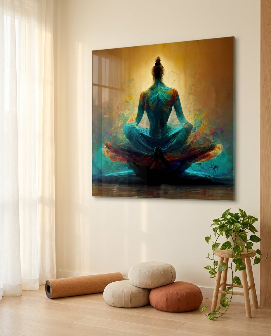 Turquoise Lotus Meditation On Gold Glass Wall Art