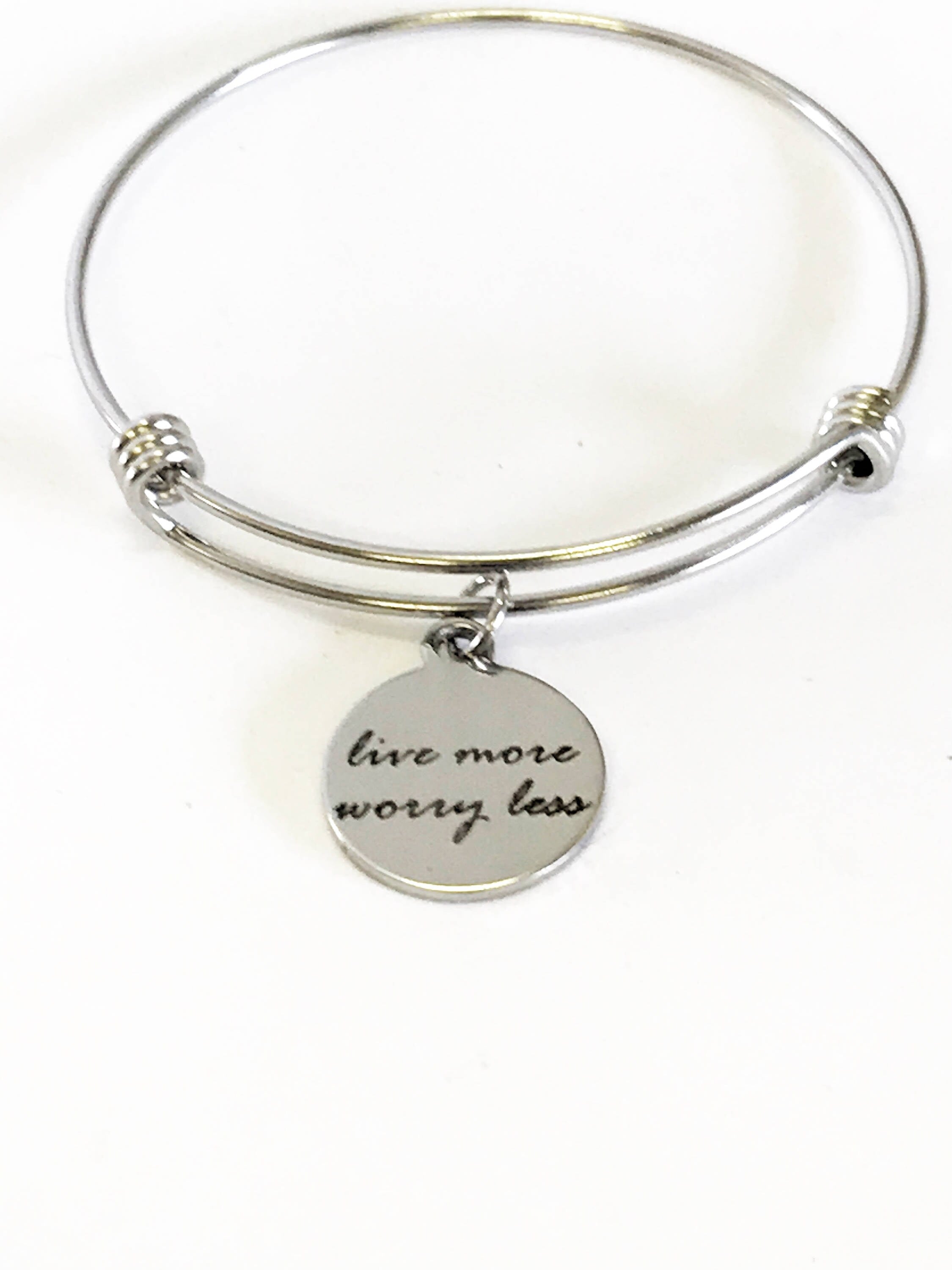 Live More Worry Less Stacking Expanding Bangle Charm Bracelet, Mindfulness Jewelry, Meditation Jewelry, Encouragement Stackable Bracelet