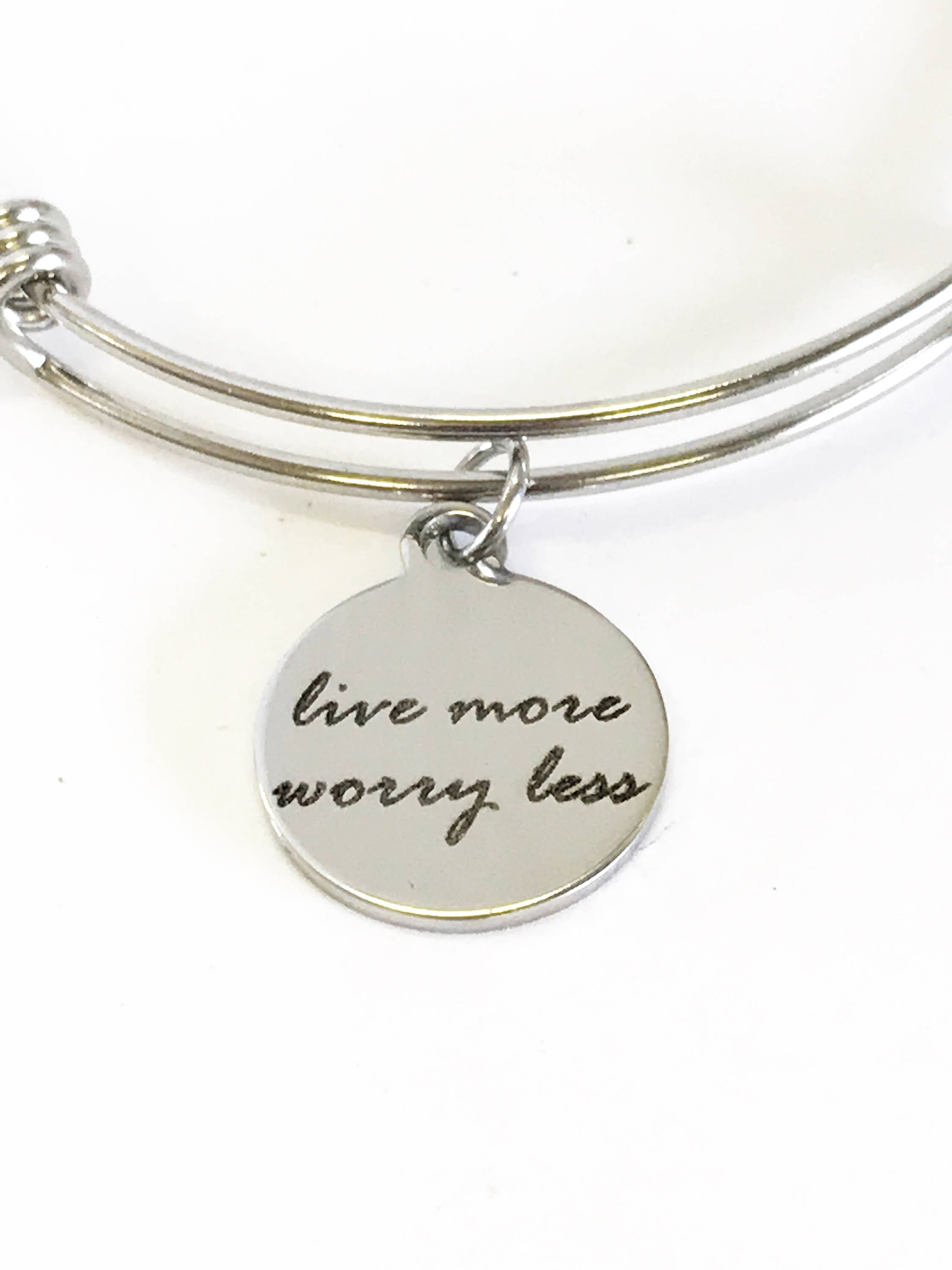 Live More Worry Less Stacking Expanding Bangle Charm Bracelet, Mindfulness Jewelry, Meditation Jewelry, Encouragement Stackable Bracelet