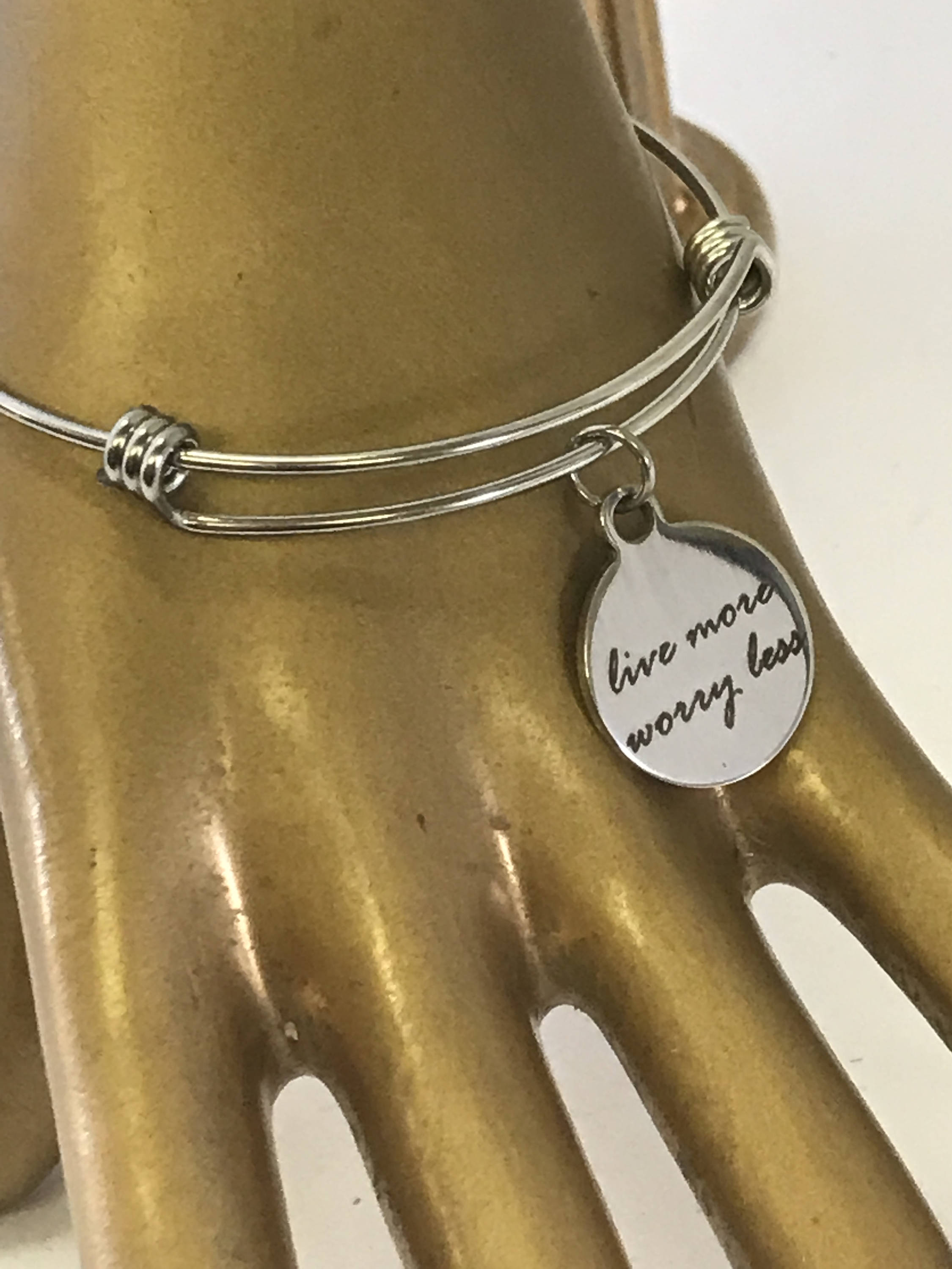 Live More Worry Less Stacking Expanding Bangle Charm Bracelet, Mindfulness Jewelry, Meditation Jewelry, Encouragement Stackable Bracelet